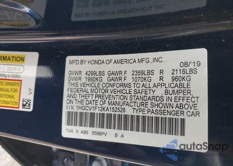 2019 Honda Accord Lx из США, поврежденный, VIN 1HGCV1F12KA152526